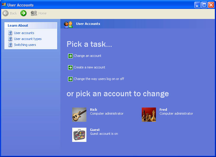 удалить пользователя в Windows XP