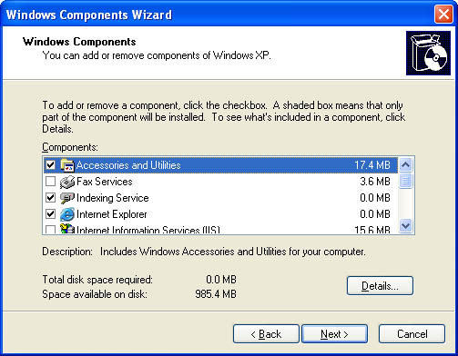 добавить продукты и услуги в Windows XP