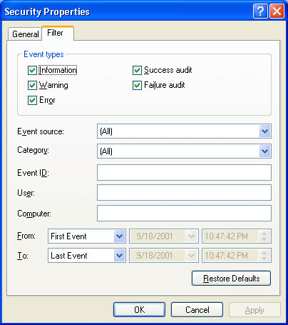 System Properties for Using Event Viewer with the Filter tab selected