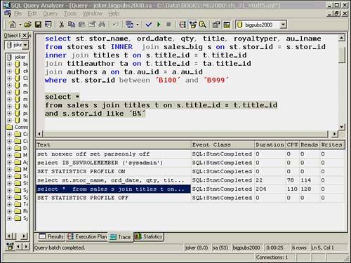 Query Analyzer server trace output.