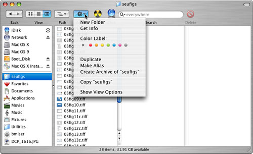 Working with the Finder Action Pop-Up Menu :: Chapter 3. Viewing and Navigating Mac OS X Finder Windows :: Part I: Mac OS X: Exploring the Core :: Mac OS